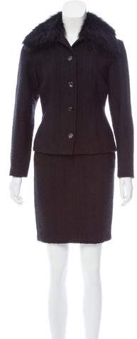 Tweed Fur-Trimmed Skirt Suit