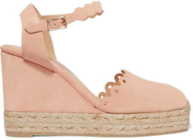 Caterina Scalloped Cutout Suede Wedge Espadrilles - Blush