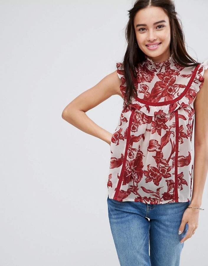High Neck Blouse With Ruffle Lace Bib In Print