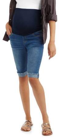 Oh! Mamma Maternity Full Panel Denim Bermuda with Embroidered Back Pockets--Available in Plus Size
