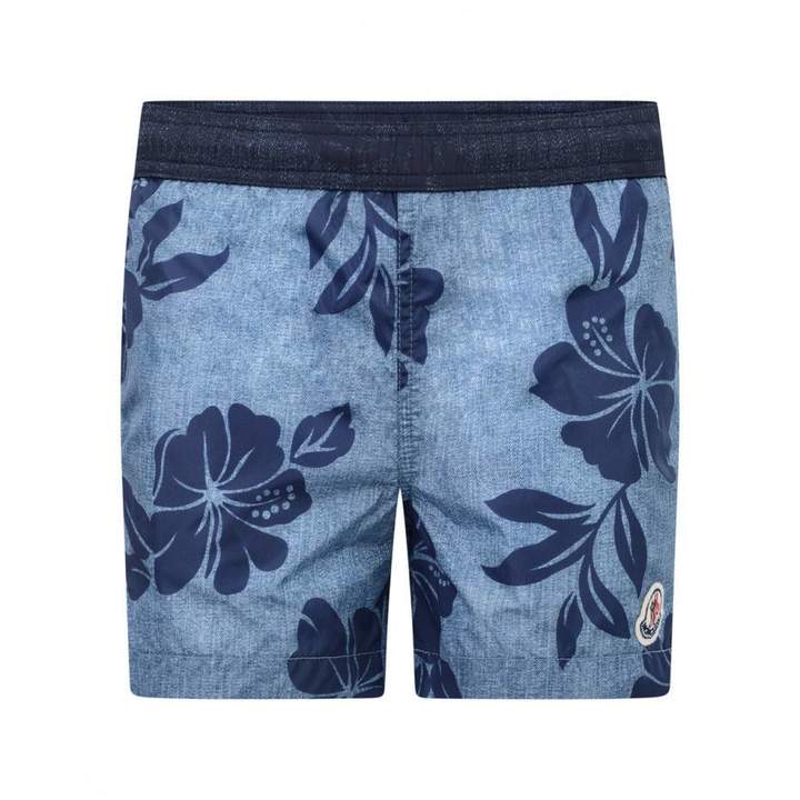 MonclerBoys Blue Denim Print Floral Swim Shorts