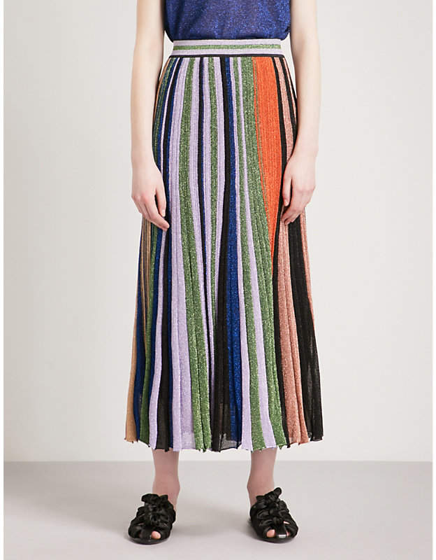 Metallic-striped knitted midi skirt