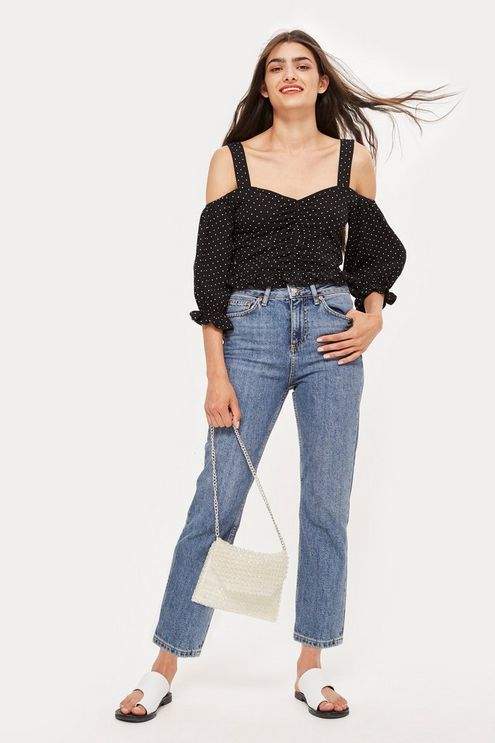 Petite mid blue straight leg jeans