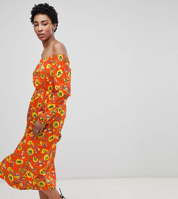 Tall DESIGN Tall off shoulder midi dress in red floral