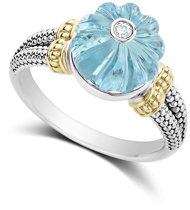 18K Gold & Sterling Silver Caviar Forever Diamond & Sky Blue Topaz Melon Bead Ring