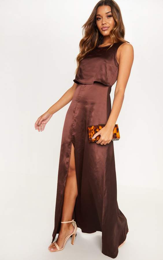 Chocolate Brown Bonded Slinky Overlay Split Front Maxi Dress