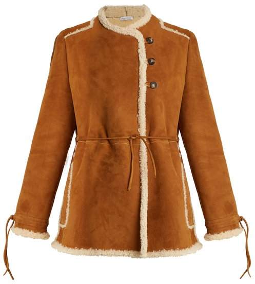 Collarless shearling coat