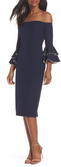 Off the Shoulder Crepe Sheath Dress