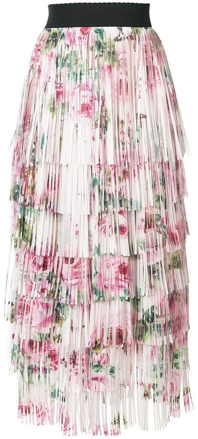 tiered fringed rose print midi skirt
