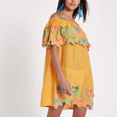 Womens Yellow ochre embroidery bardot dress