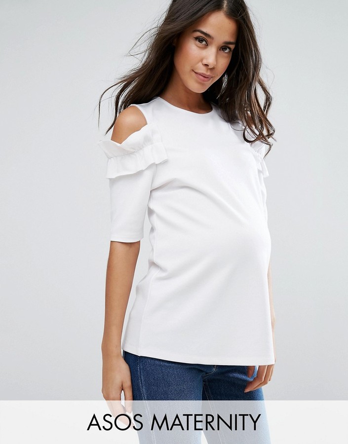 Maternity Top with Ruffle Cold Shoulder in Ponte