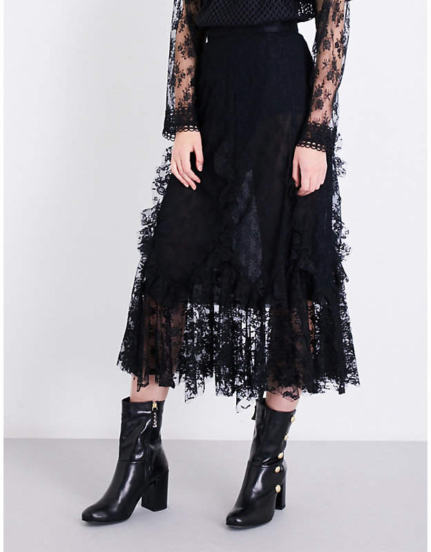 Flared high-rise rosebud floral-lace skirt