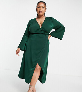 ASOS Curve ASOS DESIGN Curve bias cut satin wrap dress with tie waist in forest green