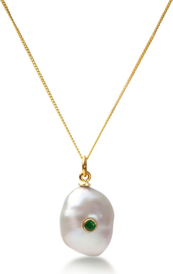 The Jewellery Store London Green / Gold / White Keshi Pearl Necklace With Emerald In Solid Gold