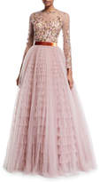 Thumbnail for your product : Long-Sleeve Floral Embroidered Illusion Ball Gown