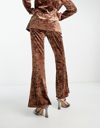 Noisy May crushed velvet flared pants in brown (part of a set)
