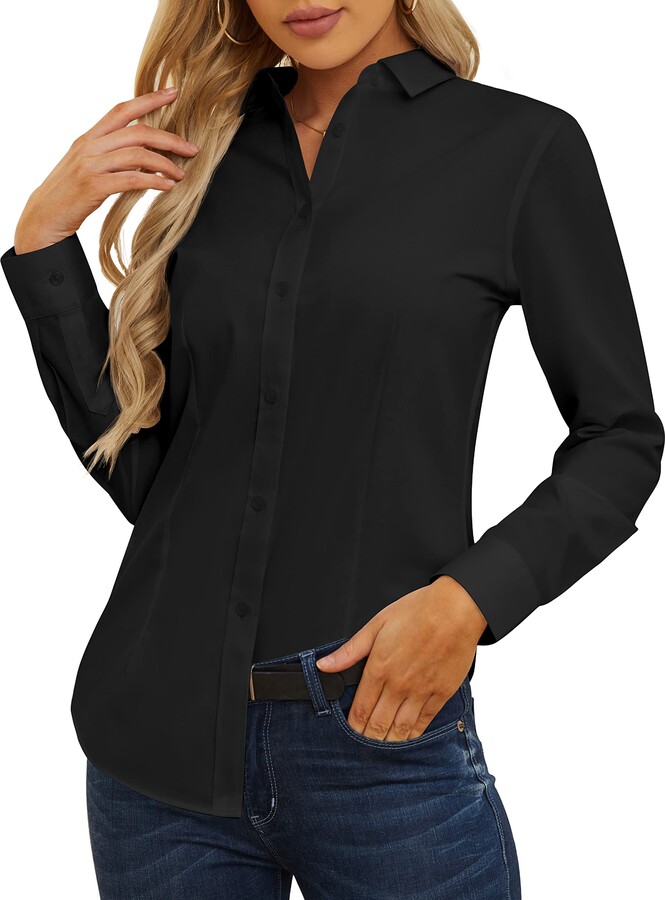 CUNLIN Women's Cotton Button Down Shirts for Women Fitted Plain Formal