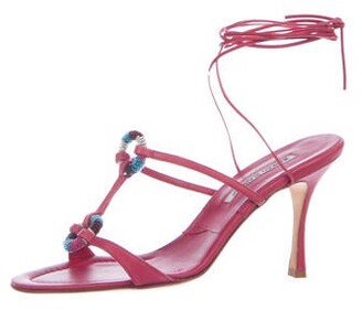 Manolo Blahnik Leather Beaded Accents T-Strap Sandals Pink