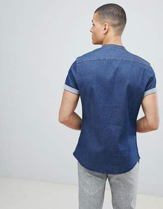 ASOS Design DESIGN stretch slim denim shirt with grandad collar in rinse wash