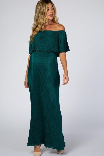 PinkblushForestGreenPleatedRuffleOffShoulderMaternityMaxiDressSmall