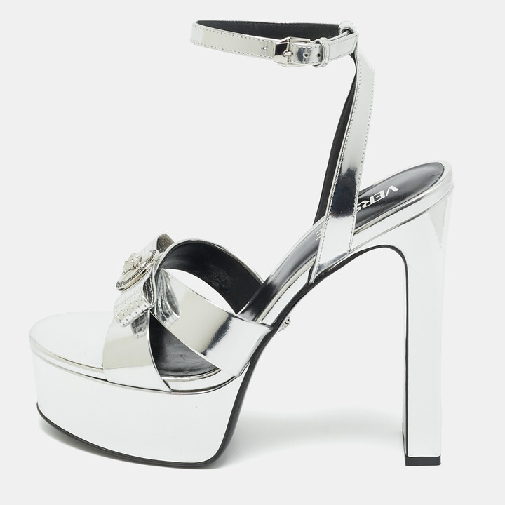 Versace Silver Foil Leather Ankle Strap Platform Sandals Size 40