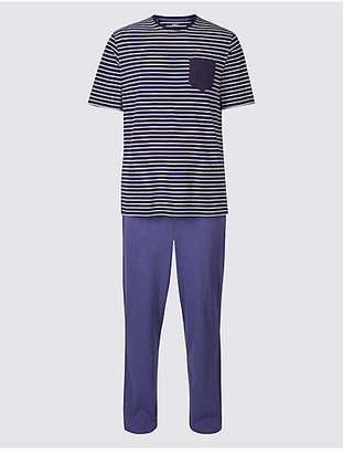 M&S Collection 2in Longer Pure Cotton Striped Pyjama Set