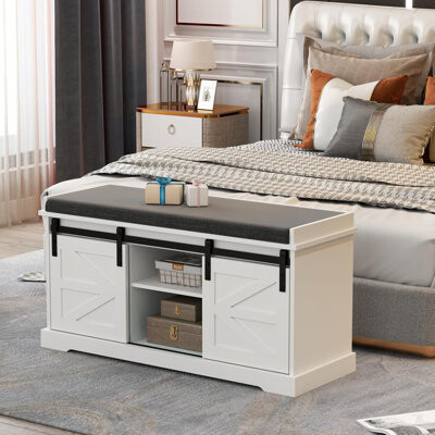 Shoe Storage Bench, 2-Tier Farmhouse Entryway Bench with Sliding Barn Door Storage Cabinets & Full Soft Removable Seat Cushion
