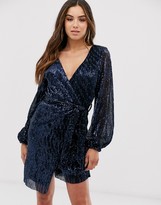 Thumbnail for your product : Club L London sequin plisse wrap front long sleeve midi dress