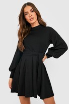 Thumbnail for your product : boohoo High Neck Balloon Sleeve Belted Skater Dress