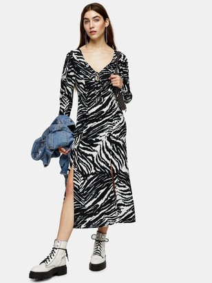 Topshop Zebra Ruch Sleeve Midi Dress - Mono
