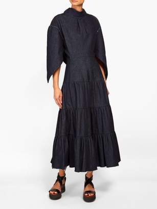 Chloé Cape-sleeve Tiered Denim Dress - Womens - Dark Denim