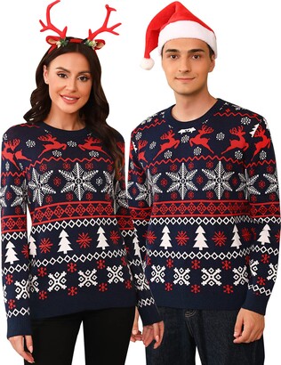 Irdcomps Christmas Jumper for Women Men Xmas Sweater Unisex Crewneck  Knitted Long Sleeve Couple Sweatshirts Ugly Snowflakes Reindeer Knitwear  Top Pullover Red-Men XL - ShopStyle
