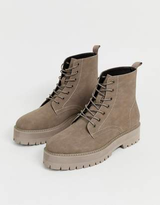 ASOS Design DESIGN lace up boot in stone faux suede with raised chunky sole