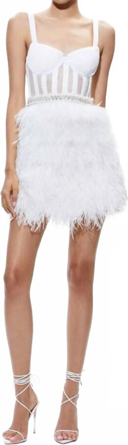 Alice + Olivia Feathered Mini Dress In Off White/almond
