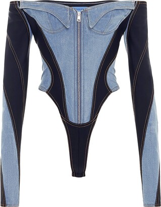 Thierry Mugler Off-The-Shoulder Denim Bodysuit - ShopStyle Tops
