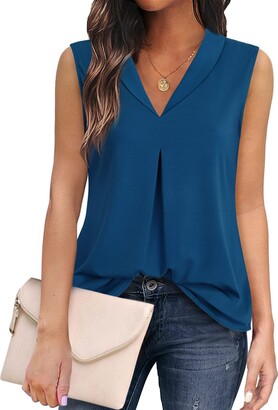Cheap Sexy Sleeveless Loose Hem Tops Ladies T Shirts Summer Solid Color  V-Neck Chiffon Women T shirt Casual Plus Size Shirts Blue