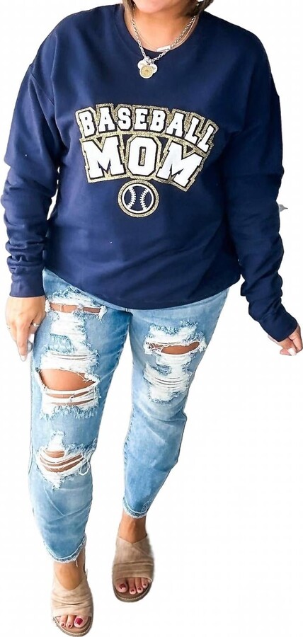 SOUTHERN BLISS Baseball Mom Varsity Glitter Sweatshirt In Navy Blue