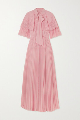 Self-Portrait Lace-trimmed Pleated Chiffon Maxi Dress - Pink