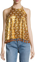 Thumbnail for your product : Tory Burch Danielle Sleeveless Metallic Tile-Printed Top W/ Pompom Hem