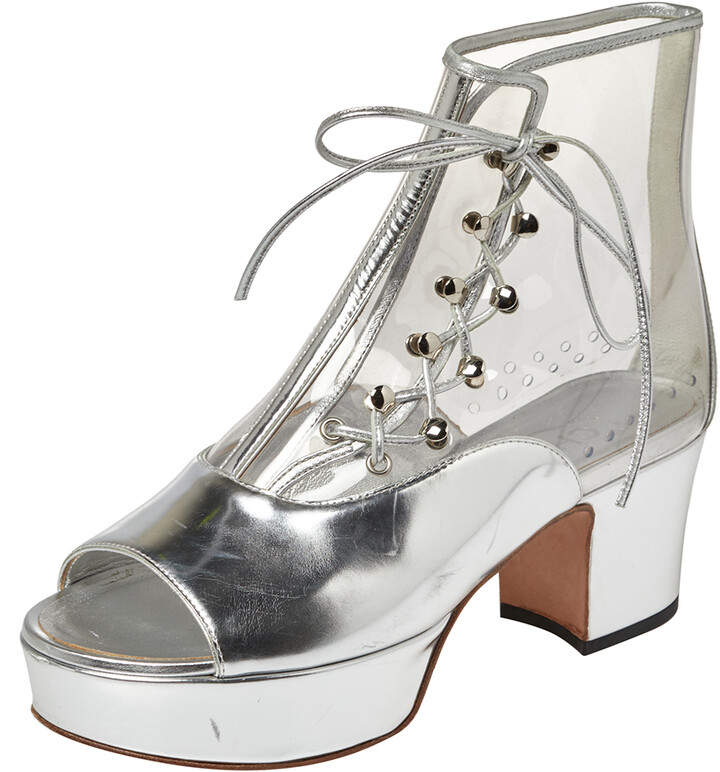 Chanel Metallic Silver Leather And PVC Open Toe Platform Ankle Booties Size  36 - ShopStyle