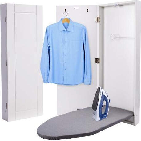 Ivation Wall-Mounted Ironing Board Cabinet, Foldable Ironing Storage Station for Home, Apartment, Easy-Release Lever, Garment Hooks, White