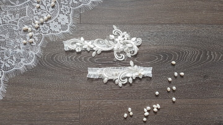 Flower Applique Wedding Garter Set Something Blue Garters, Floral Beaded Bridal Embroidered Garter