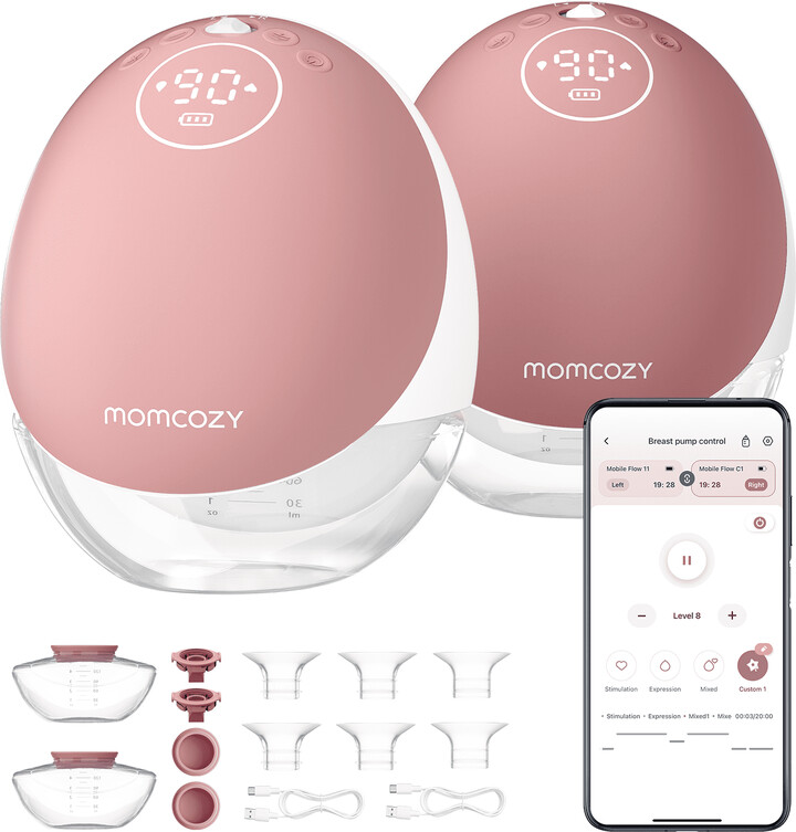 Momcozy M9 Wearable Hands-Free Breast Pump, App Control with Personalized Multi-Modes & 15 Levels, 24mm Silicone Flange, Infant/Toddler Use, 2 Pack,Cozy Red