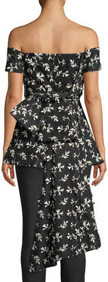 Lela Rose Off-the-Shoulder Bow-Back Floral-Embroidered Top