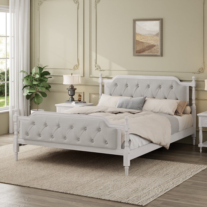 Euroco Traditional Wood Queen Size Platform Bed with Upholstered Tufted Headboard, Antique White