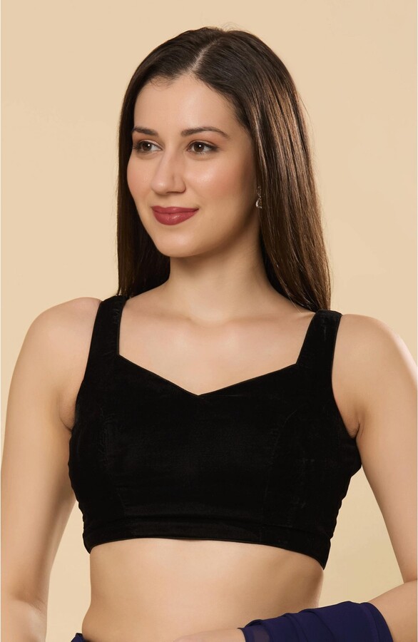 One Minute Saree Women's Ayla Black Velvet pentagon Neck Tie-Back Blouse