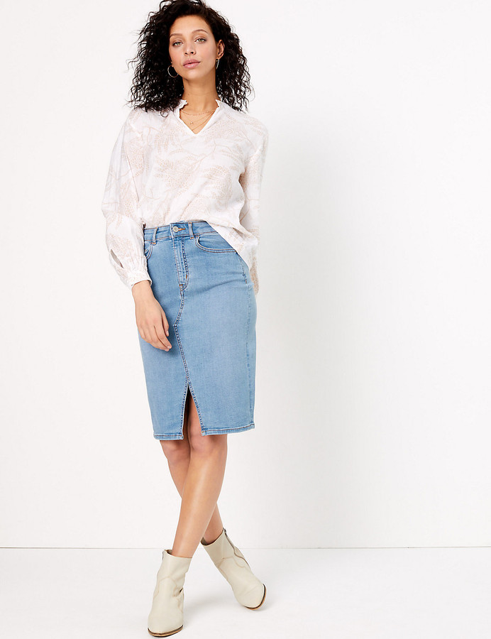 knee length denim pencil skirt