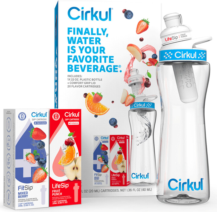 Cirkul 22 oz Plastic Water Bottle Starter Kit with Blue Lid and 2 Flavor Cartridges (Fruit Punch & Mixed Berry)