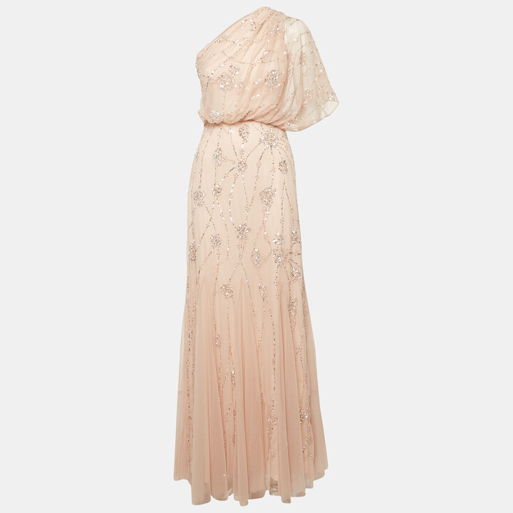 Adrianna Papell Pink Sequin Embroidered Tulle One Shoulder Gown S