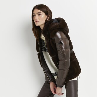 River Island Womens Brown faux fur belted puffer coat